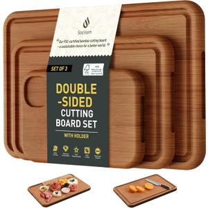 3 Packs Bamboo Cutting Board Set Non Toxic Wood Cutting Boards for Kitchen Nice Solid Thick Wood Juice Groove Chopping Board Extra Large Big Small Best Charcuterie Board for Organic Vegetable Meat