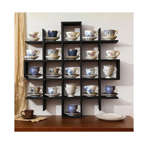 Suzile Oversize Tea Shelf Rustic Wooden Coffee Display Shelves Wooden Floating Curio Shelf Mounted Tea and Saucer Rack Holder for Kitchen Station Bar Accessories(Black)