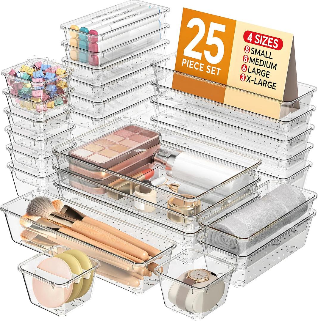KEMETHY 25 PCS Plastic Drawer Organizers Set, 4 Sizes Vanity Organizer, Makeup and Desk Drawer Organizer Trays, Organization and Storage for Makeup, Bathroom, Kitchen Utensils and Office (Clear)