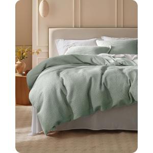 Bedsure Cotton Duvet Cover Queen - 100% Cotton Waffle Weave Sage Green Duvet Cover Queen Size, GentleSoft and Breathable Bedding Set for All Season, 3 Pieces, 90"x90"