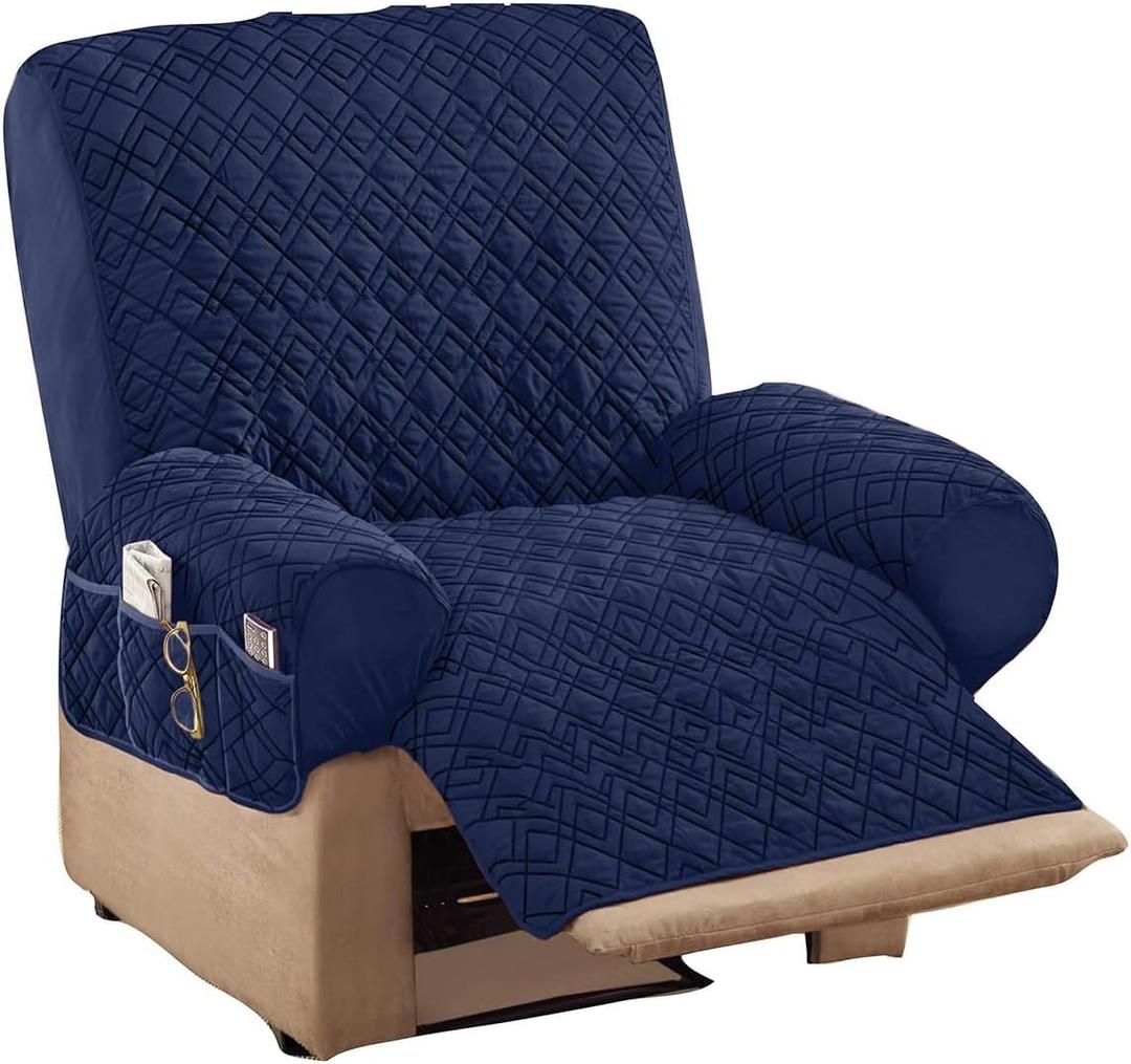 Collections Etc Diamond-Shape Quilted Stretch Recliner Cover with Storage Pockets and Elastic Straps - Furniture Protector (Navy)