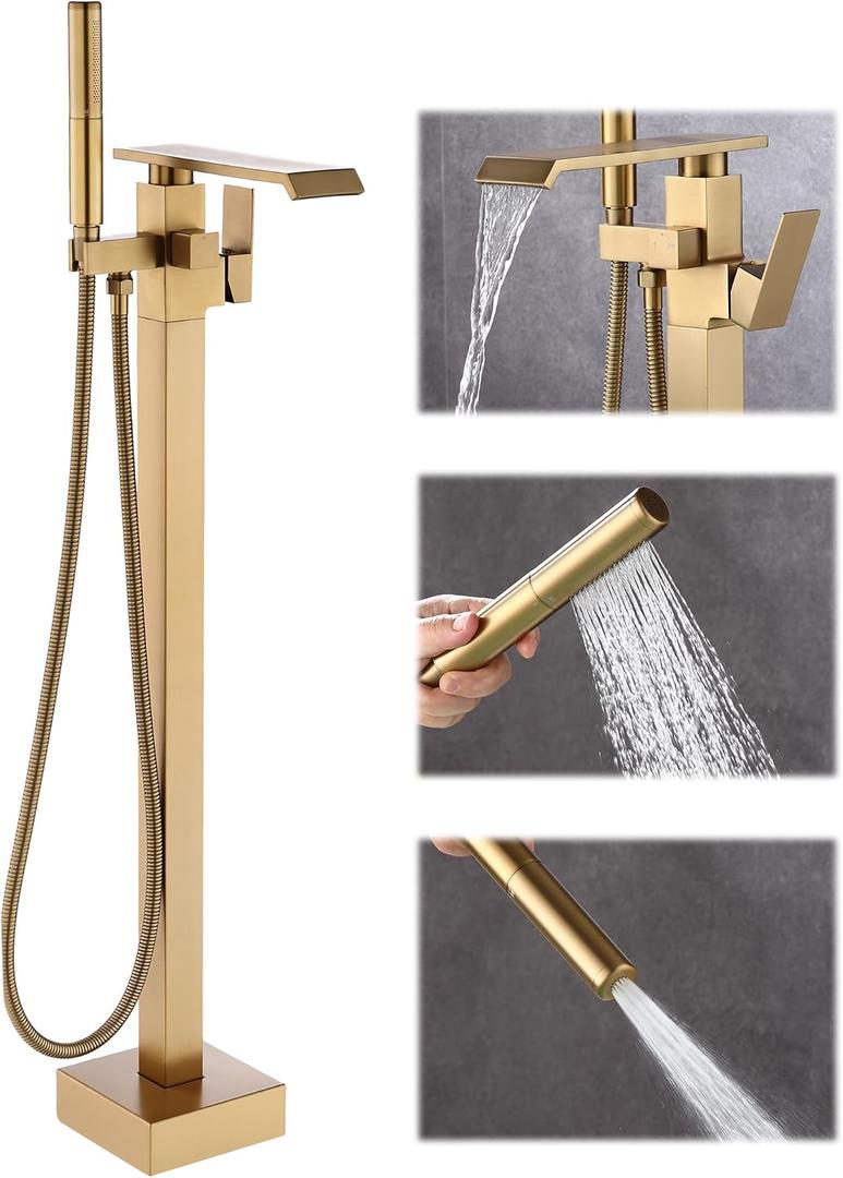 Waterfall Free Standing Tub Faucet, Floor Mount Bathroom Tub Filler Freestanding Bathtub Shower Faucets with Handheld Sprayer, Brushed Gold
