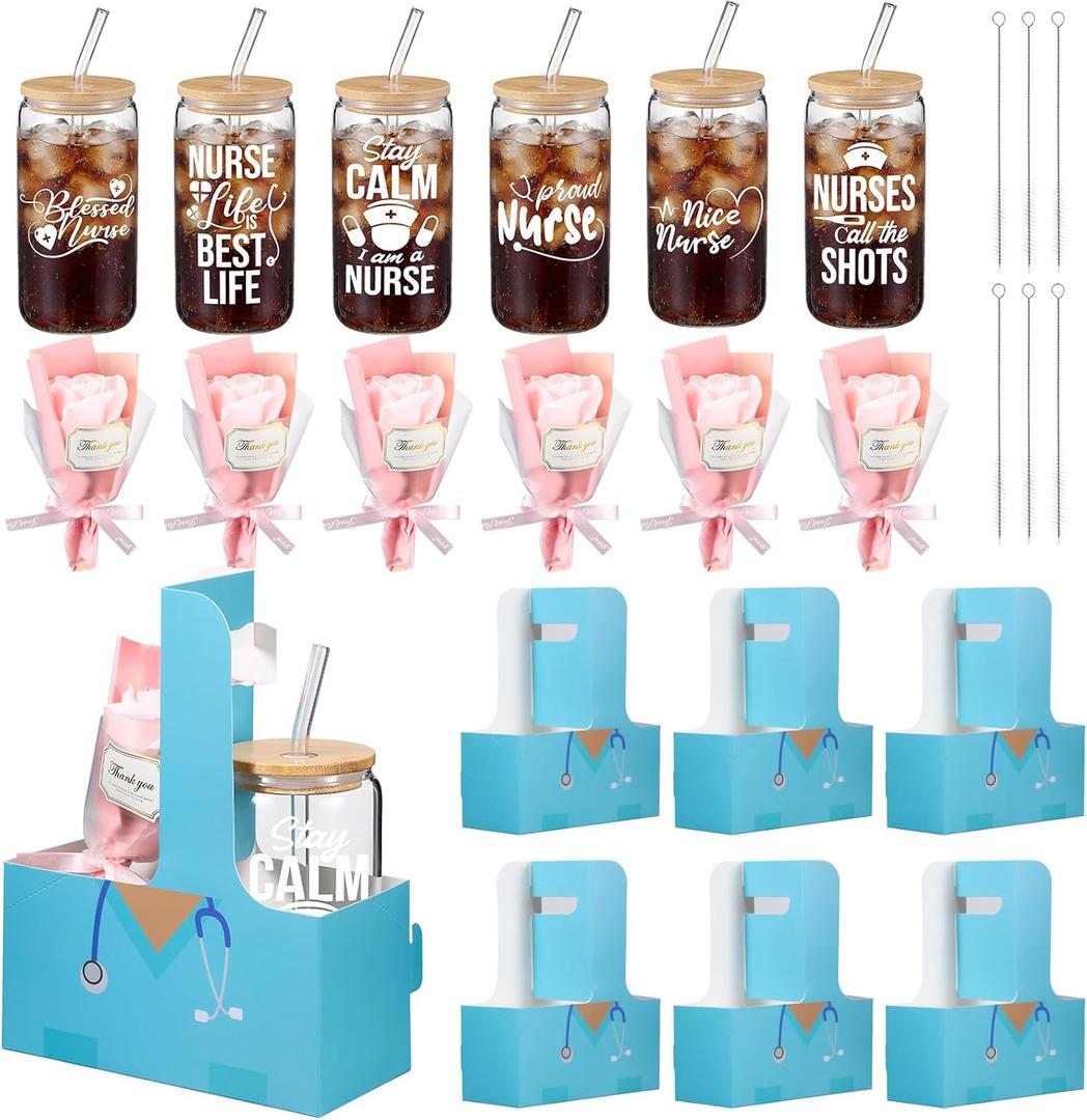 FoldTier 6 Set Nurse Appreciation Gifts Nurse Week Gift, 16oz Glass Cups with Lids Straws Brushes, Artificial Flower Bouquet and Carry Boxes Thank You Gift for Rn Practitioner Holiday Present