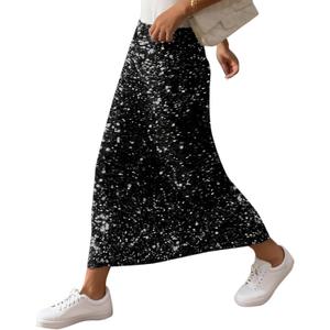SOFIA'S CHOICE Women Sequin Skirts High Waisted Sparkly Midi Skirt Club Night Out (Black, M)