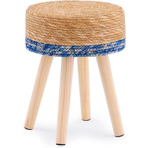 Handwoven Outdoor Ottoman, Water Hyacinth Pouf Round Patio Footstool with Wood Legs, 17-Inch Multipurpose Vanity Stool, Dining Chair, Patio Footrest for Balcony and Garden, Blue (13"D x 13"W x 16.9"H)