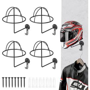 Helmet Holder Wall Mount, 4 Pack Metal Motorcycle Helmet Holder with Hooks Multifunctional Helmet Storage Rack for Helmets, Hats, Jackets