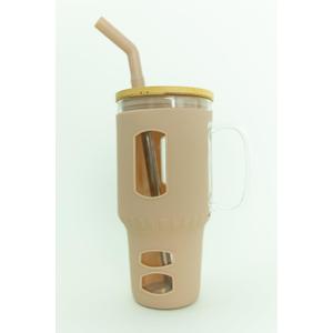 Glass Tumbler with Silicone Sleeve and Bamboo Lid, 32 oz, with Straw (Beige)