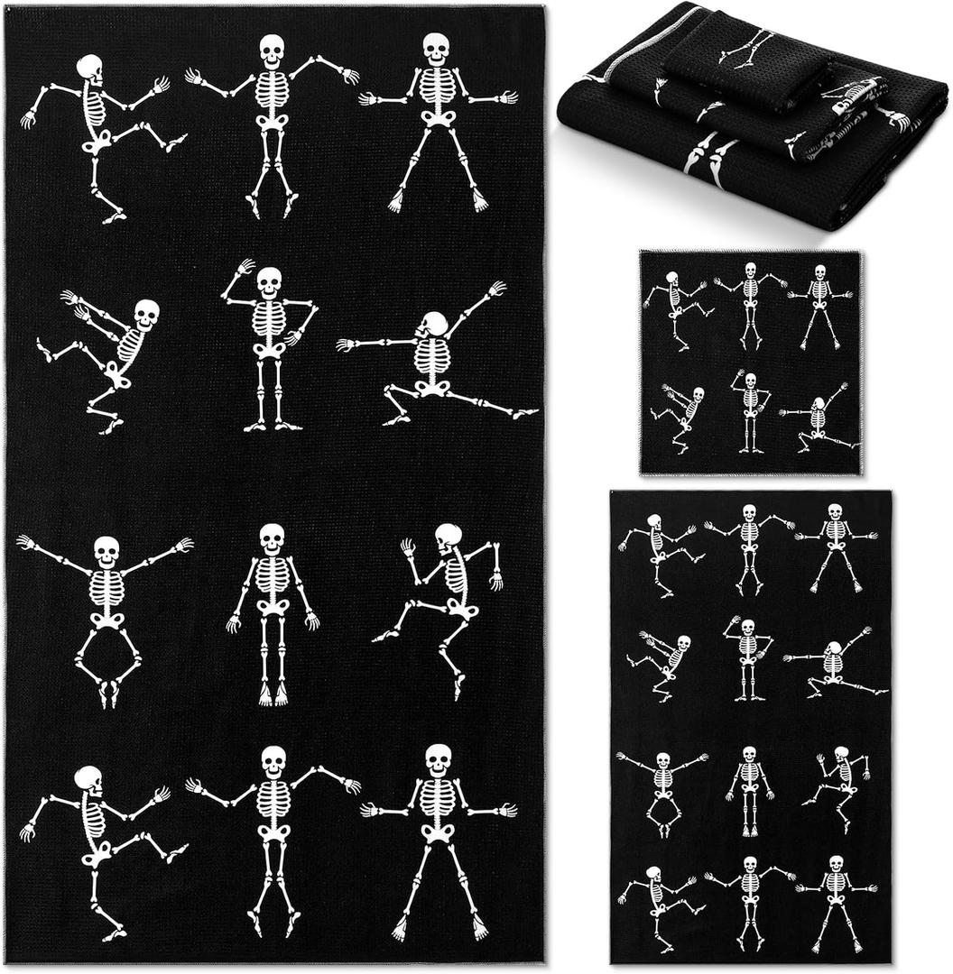 Preboun 3 Pack Halloween Skull Bathroom Towels Set Halloween Hand Towels for Bathroom Skeleton Bath Towels Dancing Skeleton Body Dish Towels Absorbent Fingertip Towel for Kitchen Hotel Beach Gym Spa (Black, White)