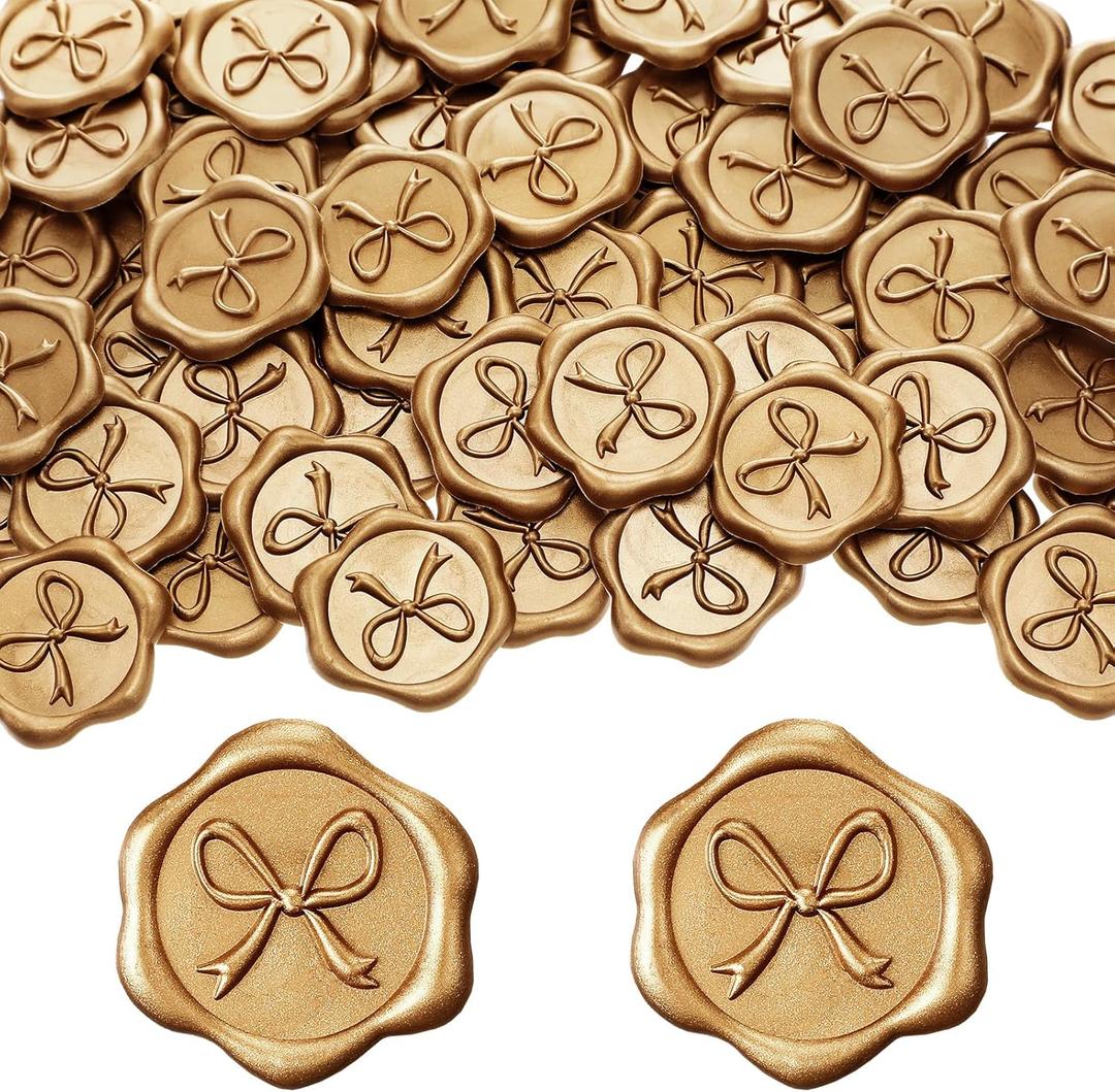 MotiMind 100 Pcs Bow Wax Seal Stickers Wedding Invitation Envelope Seal Stickers, 3D Self Adhesive Stamp Decals for Invitation, Baby Shower, Greeting Cards, Gift Wrapping(Antique Gold)