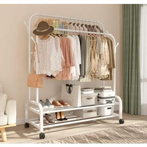 Antiwar Sturdy Metal Double Rodding Clothes Rack With Wheels, Portable Clothing Rack With Shelves & Hooks, Heavy Duty Garment Racks for Hanging Clothes, Multi-Functional Closet Rack for Bedroom, Black
