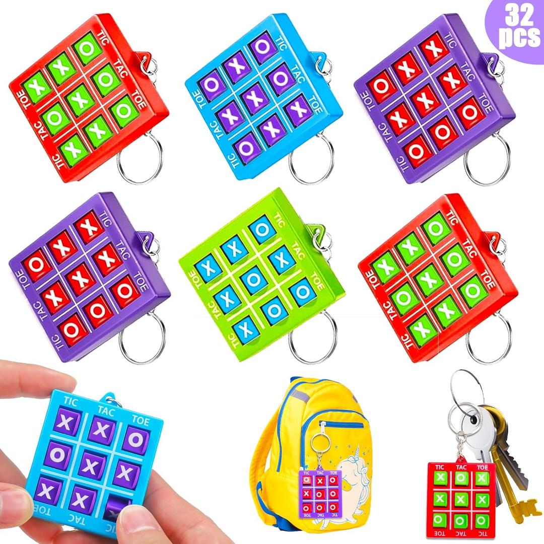 32Pcs Tic Tac Toe Keychains Game, Birthday Party Favors Easter Goodie Bags Stuffers for Kids 3-5 4-8 8-12, Small Treasure Box Classroom Carnival Prizes Easter Basket Egg Filler Student Gifts Girl Boy