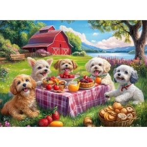 500 Piece Puzzle for Adults, Spring Farm Picnic Puppy Jigsaw Puzzles 500 Pieces, Fun Dog Puzzles for Adults 500 Pieces, Challenging Family Game Gift for Friends and Family, 20.5 x 15 in