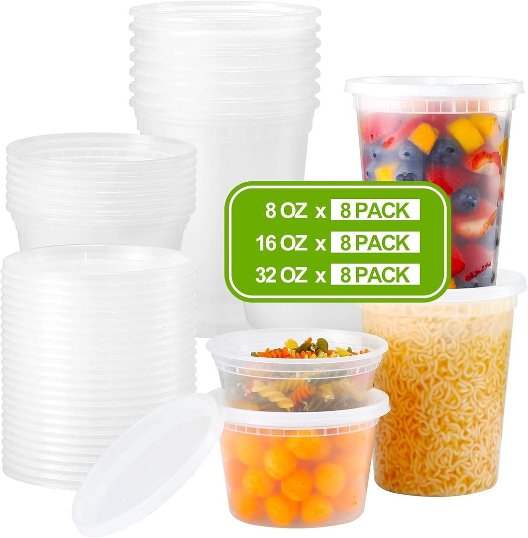 AOZITA 24 Sets Plastic Deli Food Containers With Lids, 8 oz 16oz 32oz Variety pack, Airtight Food Storage Containers, Freezer/Dishwasher/Microwave Safe, Soup Containers For Takeout Food Storage