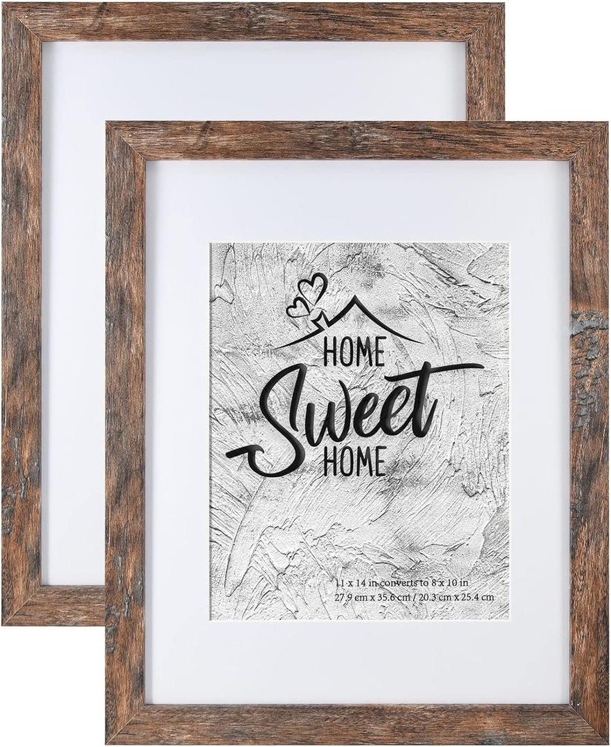 Califortree Rustic Brown 11x14 Picture Frame - Display Photos 8x10 with Mat or 11x14 Without Mat - Real Glass Inside - Set of 2