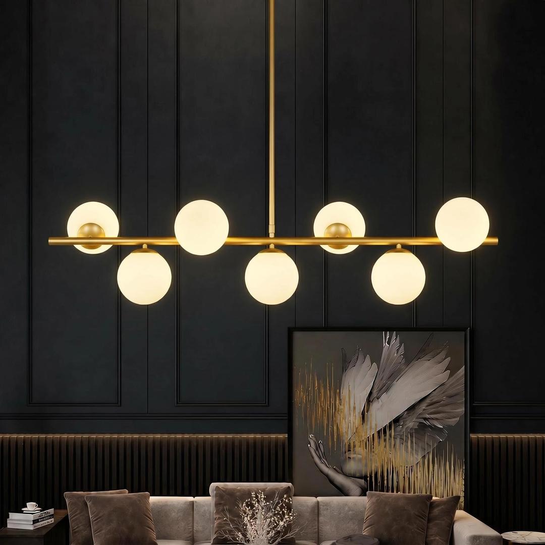 MQMQA Globe Modern Sputnik Chandeliers for Dining Room Chandelier, 7-Light Dining Room Light Fixture Over Table, Mid Century Linear Chandelier, 43.3 Inch (Bulbs not Included) Gold & Milky White