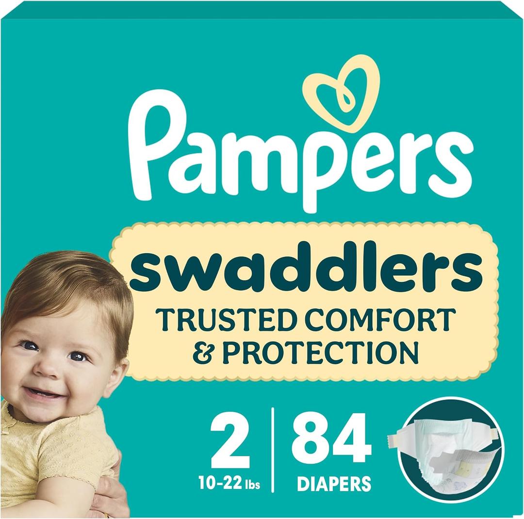 Pampers Swaddlers Diapers, Size 2 (10-22 lbs), 84 Count, Fragrance Free, Hypoallergenic, Absorbent, Pediatrician Recommended, Skin Safe