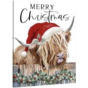 Christmas Highland Cow Wall Decor:Merry Christmas Canvas Wall Art Cow Pictures Farm Animal Prints Xmas Holiday Decorations Farmhouse Country Wall Hangings Paintings for Living Room 12x15 Inch, 2 Pack