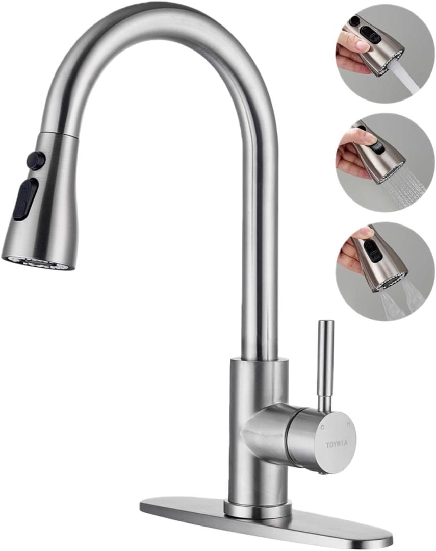Kitchen Faucets with Pull Down Sprayer, 3 Function Sprayer, Brushed Nickel Stainless Steel Single Handle High Arc Sink Faucet for RV, Bar, Farmhouse, Laundry, Outdoor