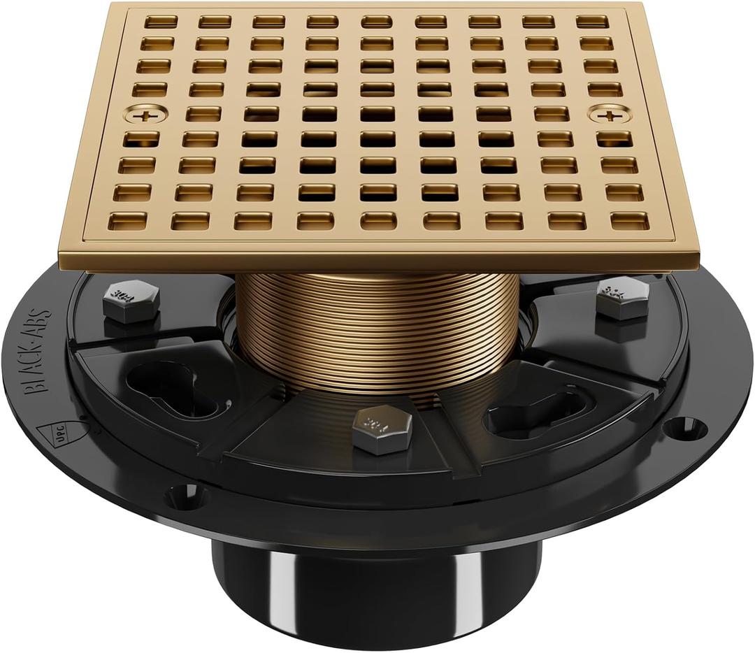 4 Inch Champagne Bronze Shower Drain- Square Shower Floor Drain Kit with ABS Flange-Removable Grid Strainer Cover - SUS304 Stainless Steel Floor Drain Kit