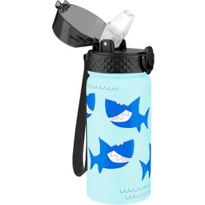 GOPPUS Kids Water Bottle (Straw Lid) - 14 Oz Stainless Steel Travel Bottle, Double Wall Vacuum Leak Proof Kids Cup for School Boys Girls,Iron Shark