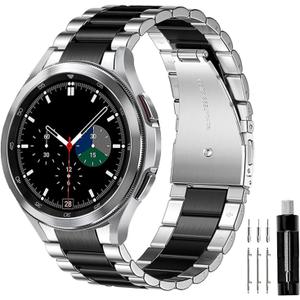 GOLDTOLUCK Compatible with Samsung Galaxy Watch 7 6 5 4 FE Band Pro Classic 3/47/45/40/44/42/46mm No Gap Classy Elegant Casual Men Women Metal Business Stainless Steel (Black/Silver)