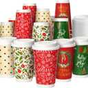 100 Pack 16 oz Christmas Disposable Coffee Cups with Snap-on Lids - for Hot or Cold Drinks, Paper Coffee Cups for Xmas Holiday Table Decorations Party Supplies, 5 Assorted Christmas Styles