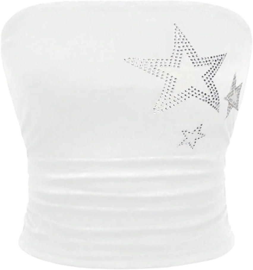 WDIRARA Women's Star Rhinestone Ruched Strapless Crop Tube Top Y2k Graphic Bandeau Tops (Medium, White)