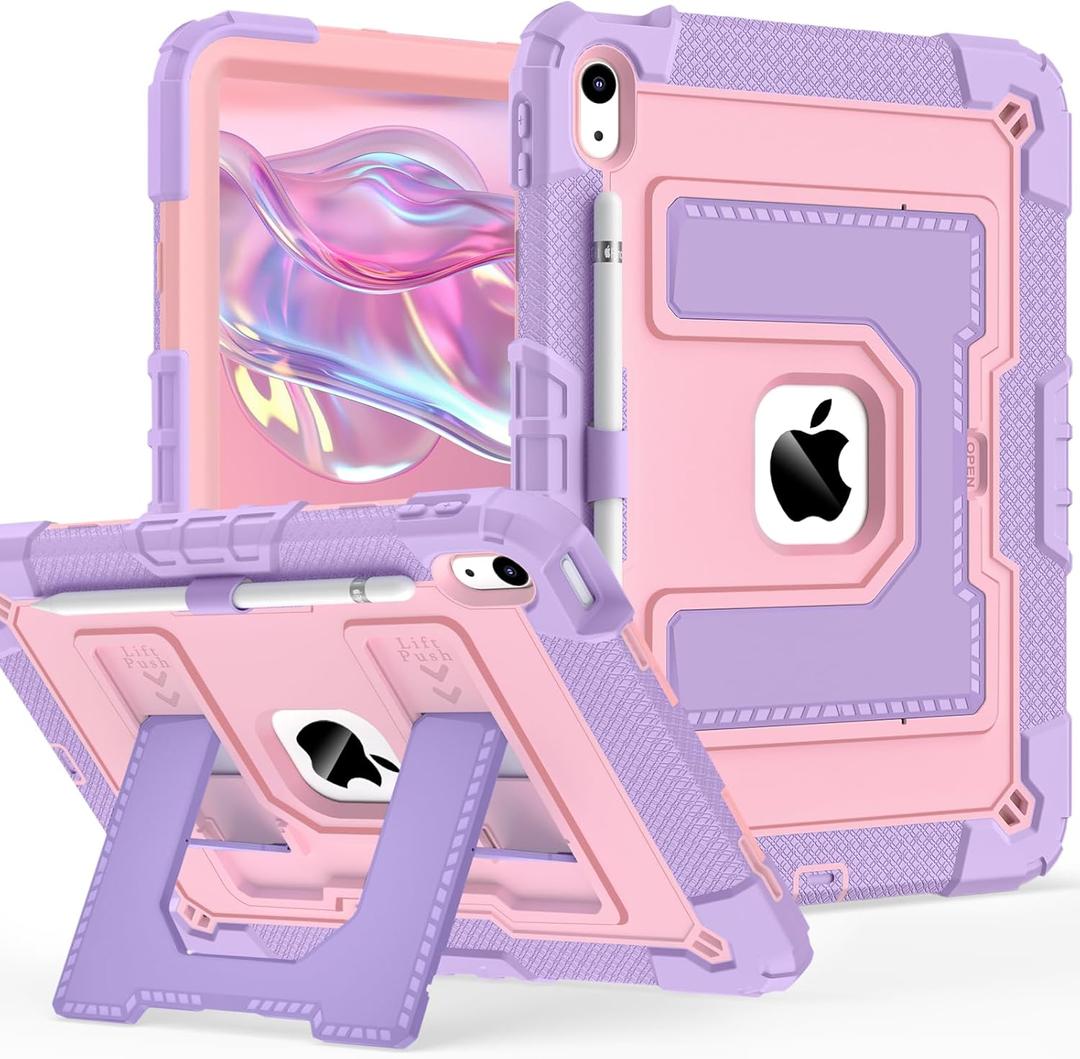 Case for iPad (A16) 11th Generation 11 Inch 2025, iPad 10th Generation Case 10.9 Inch 2022, Heavy Duty i Pad Cover 10th Gen with Large Kickstand Pen Holder Shoulder Strap, Purple Rose