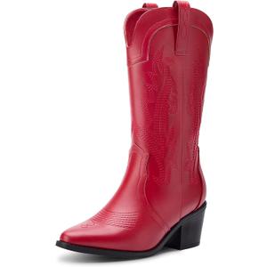 Women's Cowboy Boots Pointed Toe Western Boots Embroidered Mid-Calf Chunky Block Heel Cowgirl Boots (Red)