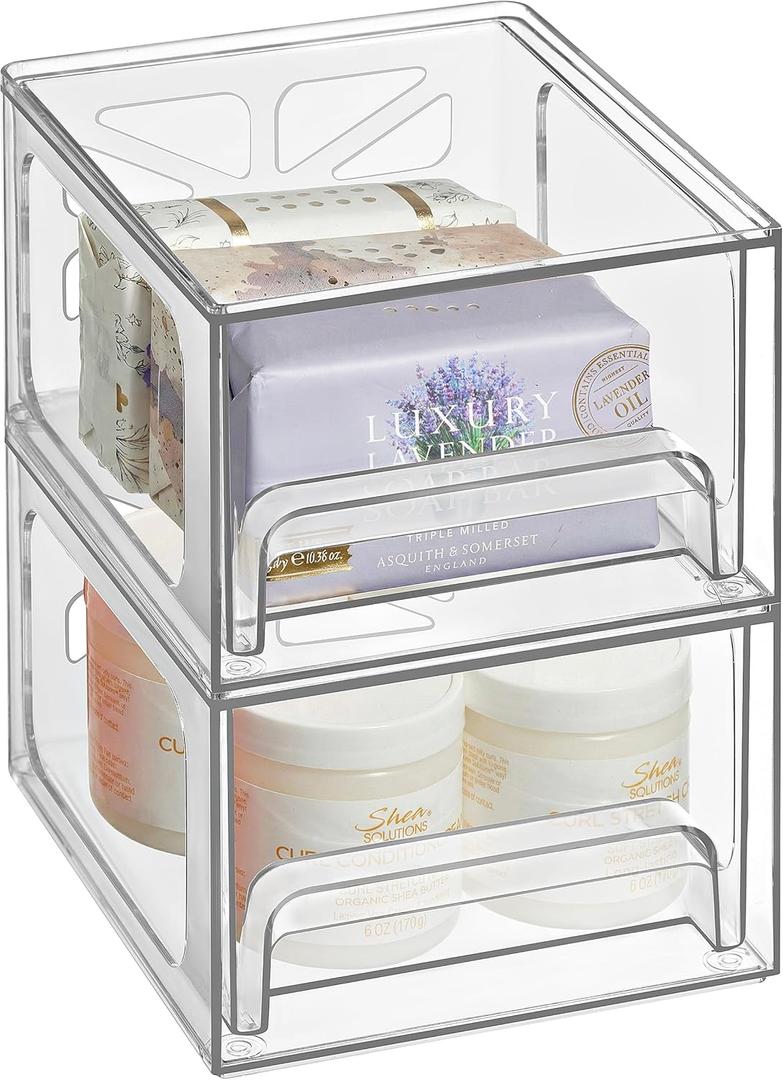 Oizeir Acrylic Drawer Organizer 2-Pack  Clear Stackable Storage Drawers for Makeup, Skincare, Vanity, Bathroom, Under Sink, Kitchen & Office  Non-Slip, Durable, Multi-Purpose Organizer Bins