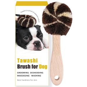 Dog Grooming Massage Tawashi Brush with Wood Handle Less Static Natural Palm Fiber Made in Japan (Small Dog A)