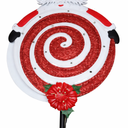 Outdoor solar-powered Christmas yard decoration featuring a red and white glitter spiral lollipop with a Santa figure. Automatically lights up at night. Ground stake installation, no wiring required