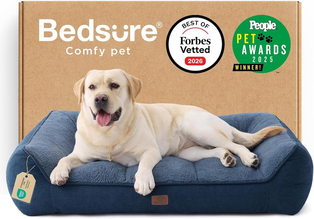 Bedsure SupportMax XL Pro Orthopedic Dog Beds Large Sized Dog - Extra Thick Supportive Dogs Couch with Waterproof Washable Cover, Extra Large Pet Sofa with Soft Sherpa and Nonskid Bottom, Blue