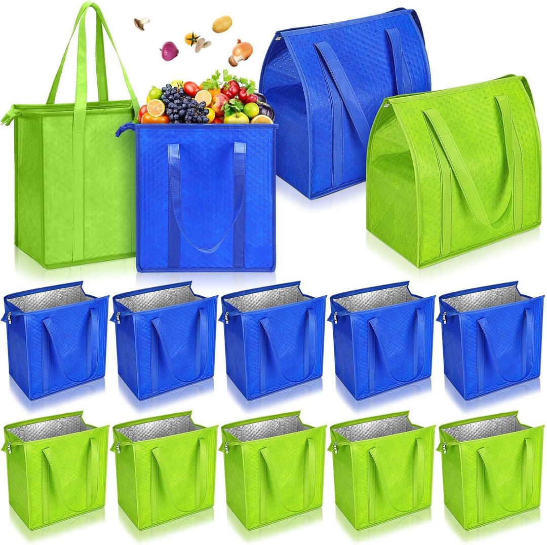10 Pack Large Insulated Grocery Bags Reusable Shopping Bags with Zippered Top 13 x 12 x 7 Inch Thermal Cooler Totes Bulk with Handles for Hot Cold Food Delivery Refrigerator (Green,Blue)