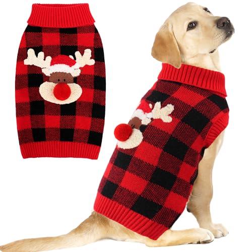Dog Christmas Sweater Cute Dog Christmas Outfit with 3D Reindeer Pattern Soft Warm Turtleneck Knitted Pet Clothes Cold Weather Puppy Clothes for Small Medium Large Dogs Cats, XXL