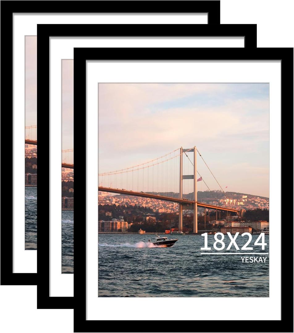 18x24 Picture Frame Black Set of 3, Display Pictures 16x20 with Mat or 18 x 24 Without Mat, Poster Frames 18x24 for Wall Hanging Horizontal and Vertical