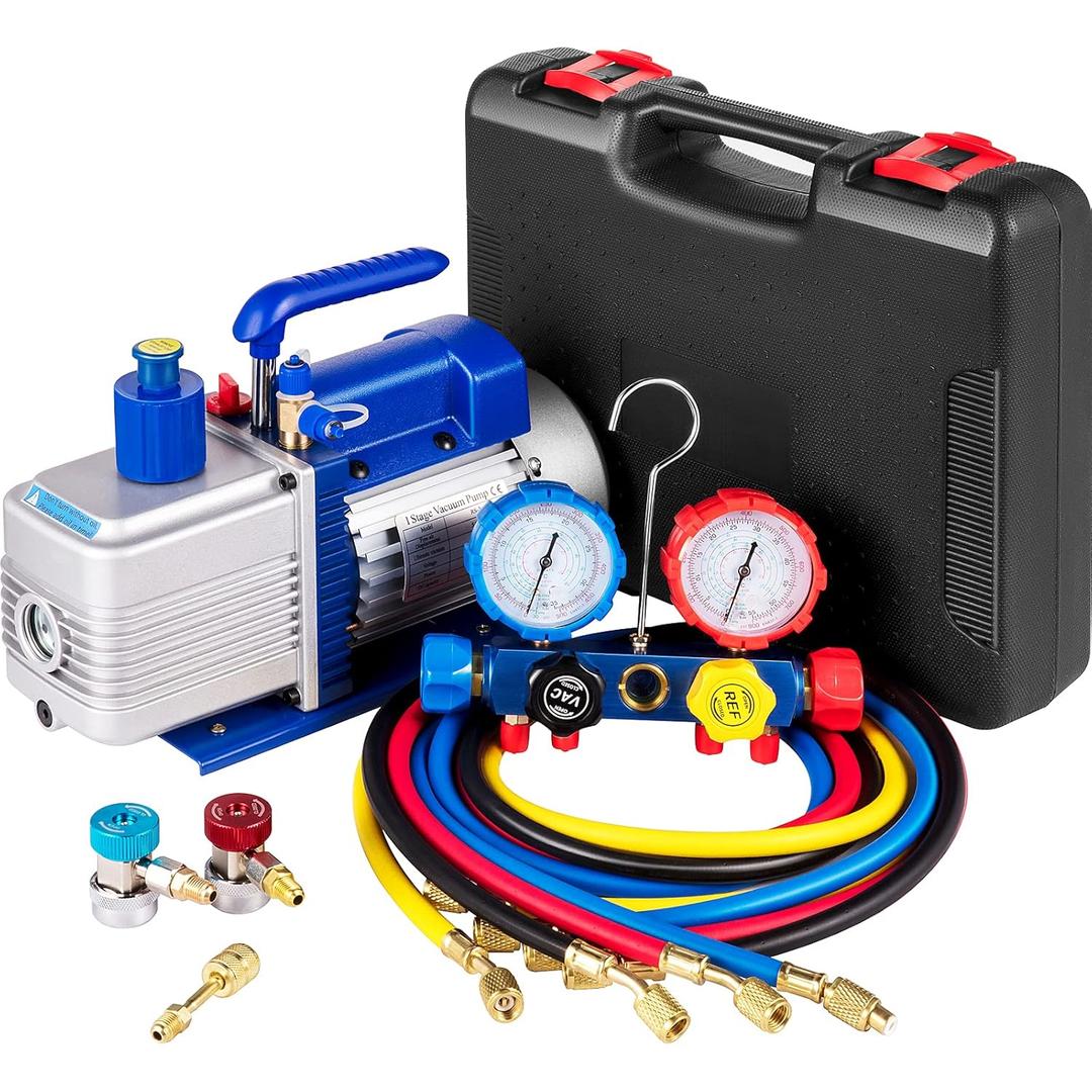 VEVOR Vacuum Pump 4.8CFM 1/4 HP Single Stage HVAC A/C Refrigeration Kit 5PA Ultimate Vacuum Manifold Gauge Set R12 R404A R410A R134A R22 HVAC AC, Manifold Gauge and Hose for Air Conditioning Systems