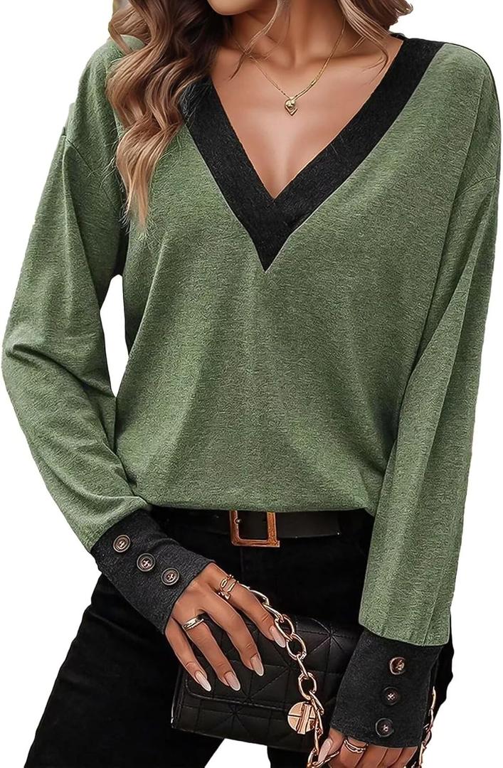 Flamingals Women's V Neck Two Tone Tops Button Cuff Long Sleeve Dressy Casual Christmas Tops Fall Fashion Clothes (XXL)