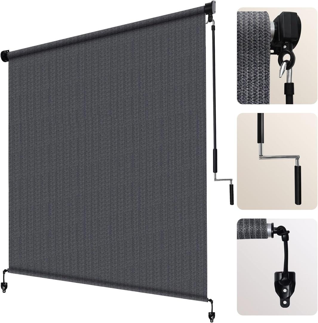 Artpuch Outdoor Roller Shade 8' W x 8' H, Blue Gray Exterior Cordless Patio Shades Roll Up Blinds with Spliced Pole Design, (2 Poles, One-Piece Fabric)