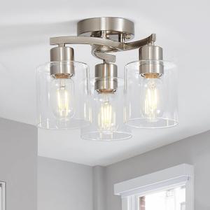 Brushed Nickel Ceiling Light Fixture, Modern Semi Flush Mount Ceiling Light with Clear Glass Shades, Small Kitchen Light Fixtures for Hallway Foyer Entryway Bedroom, 3 Light, 11.8 inch