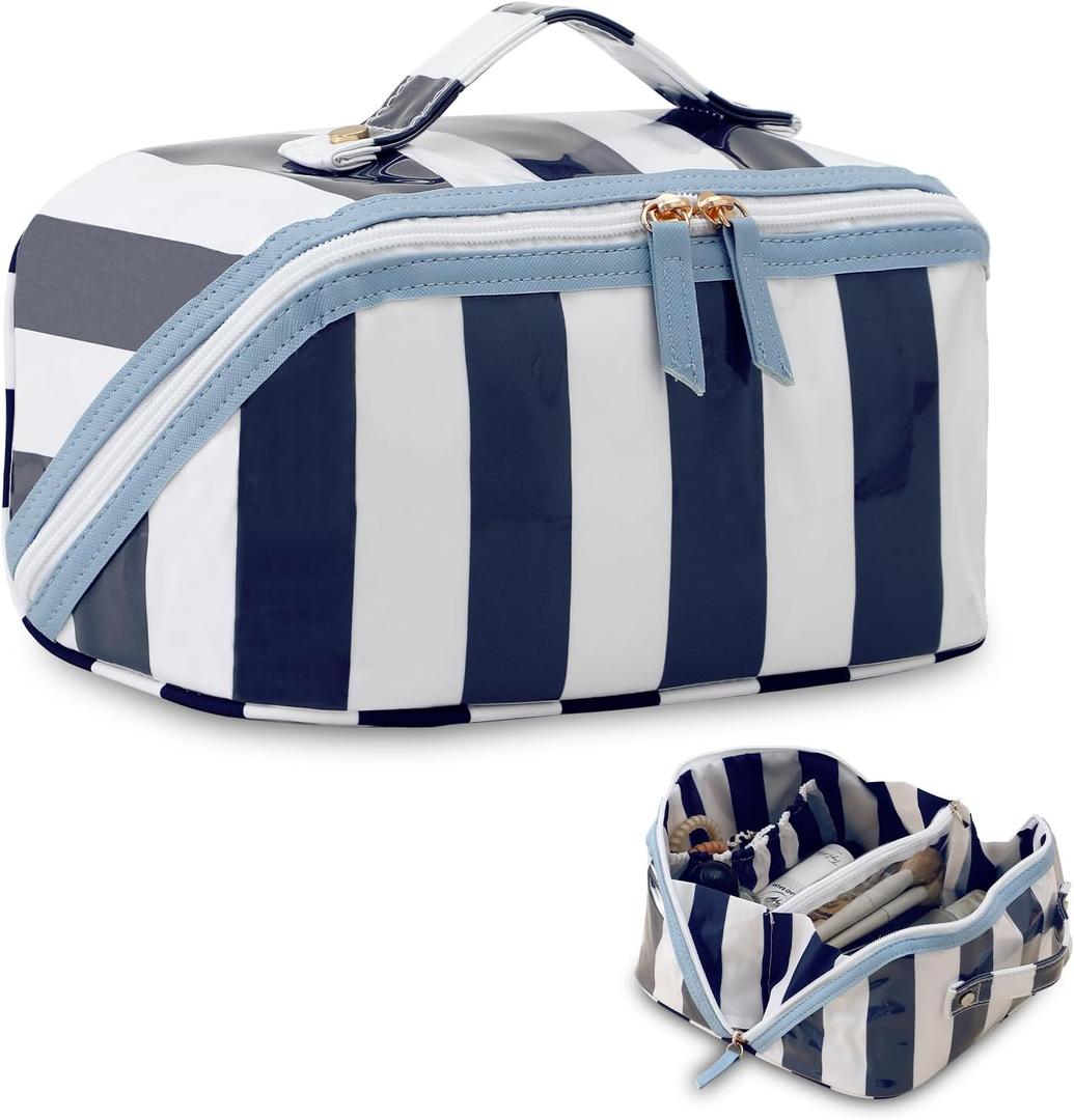 DYSHAYEN Stripe Travel Makeup Bag with Compartments Clear Coated Cosmetic Bag for Women, Waterproof Portable Open Flat Toiletry bag White-Navy