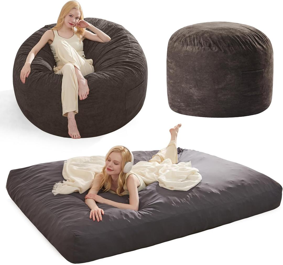 Beanbag Bed Giant Bean Bag Chairs for Adults, Large Floor Mattress Convertible Bean Bag Bed, Big Bean Bag Chairs Couch, Removable Sofa Bed Chair Foam Filling, Machine WashableQueenGray Black