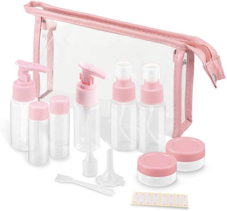Vitog Travel Bottles Kit, TSA Approved Leak Proof Portable Toiletry Containers Set, Clear PET Flight Size Cosmetic Containers for Lotion, Shampoo, Cream, Soap, Set of 11 (pink)