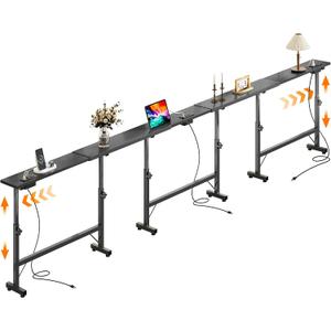 106"-157" Adjustable Length Behind Couch Sofa Table with 3 Power Outlets | 23" to 31" Adjustable Height, Narrow Console Table for Hallway Bedroom Living Room Decor Foyer Furniture Rustic, Black