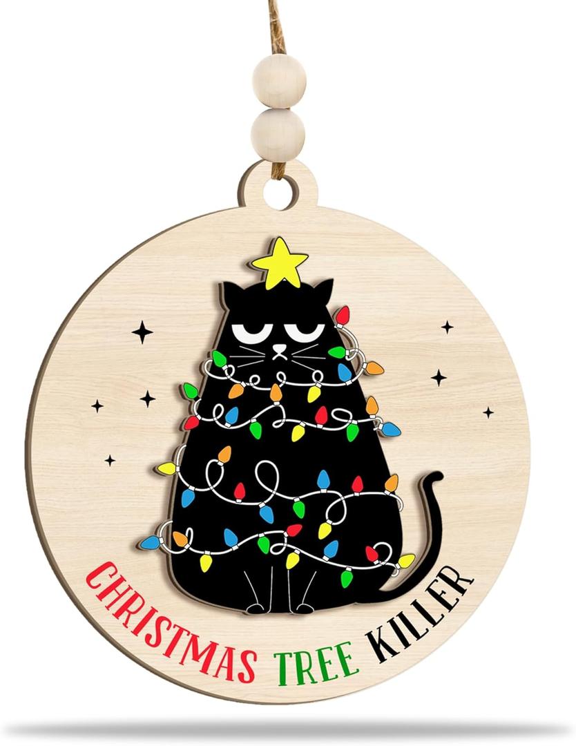 3 x Funny Cat Ornament 2025  Christmas Tree Killer Ornament Wooden Round Holiday Decoration with Cat Wrapped in Lights  Humorous Gift for Pet Lovers, Pet Owners & Christmas Tree Dcor