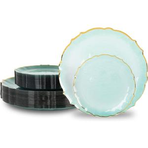 Lullaby 50pcs Translucent Green Plastic Plates with Gold Rim, Fancy Disposable Plates include 25pcs Dinner Plate 10, 25pcs Dessert Plate 7, Perfect for Party, Wedding, Holiday