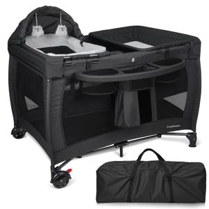 5 in 1 Pack and Play with Bassinet & Changing Table, Portable Foldable Playpen for Babies and Toddlers with Locking Wheels & Diaper Storage, Easy Fold Travel Playard (Black)