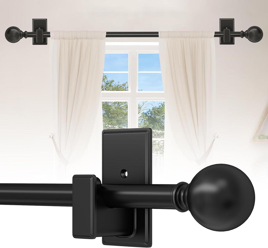 Black Curtain Rods No Drilling-Adjustable No Drill Curtain Rods for Windows 32-45 Inch with Adhesive Brackets for Bedroom Apartment Renter Friendly 5/8" Small Door Cafe Single Rod Easy Install