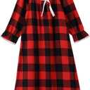 Girls Cotton Red Plaid Nightgowns Sleepwear Sleep Dress Kids Princess Pajamas Long Sleeve Christmas (11-13 Years)