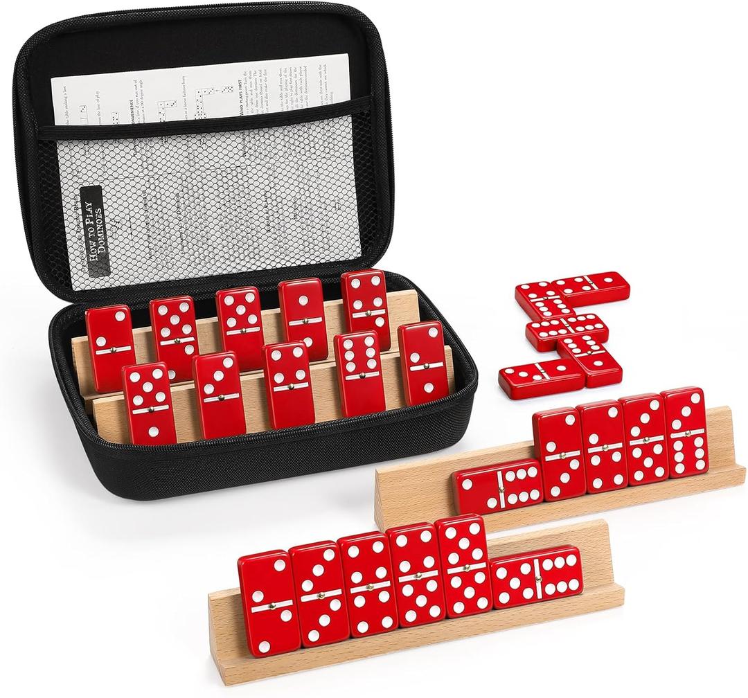 Jumbo Dominos Set for Adults with 4 Wooden Racks/Trays, Double 6 Dominoes Travel Set with Portable Case Double Six Dominoes Set with 4 Tiles Holders, 28 Tiles Dominos Set for Family Board Games